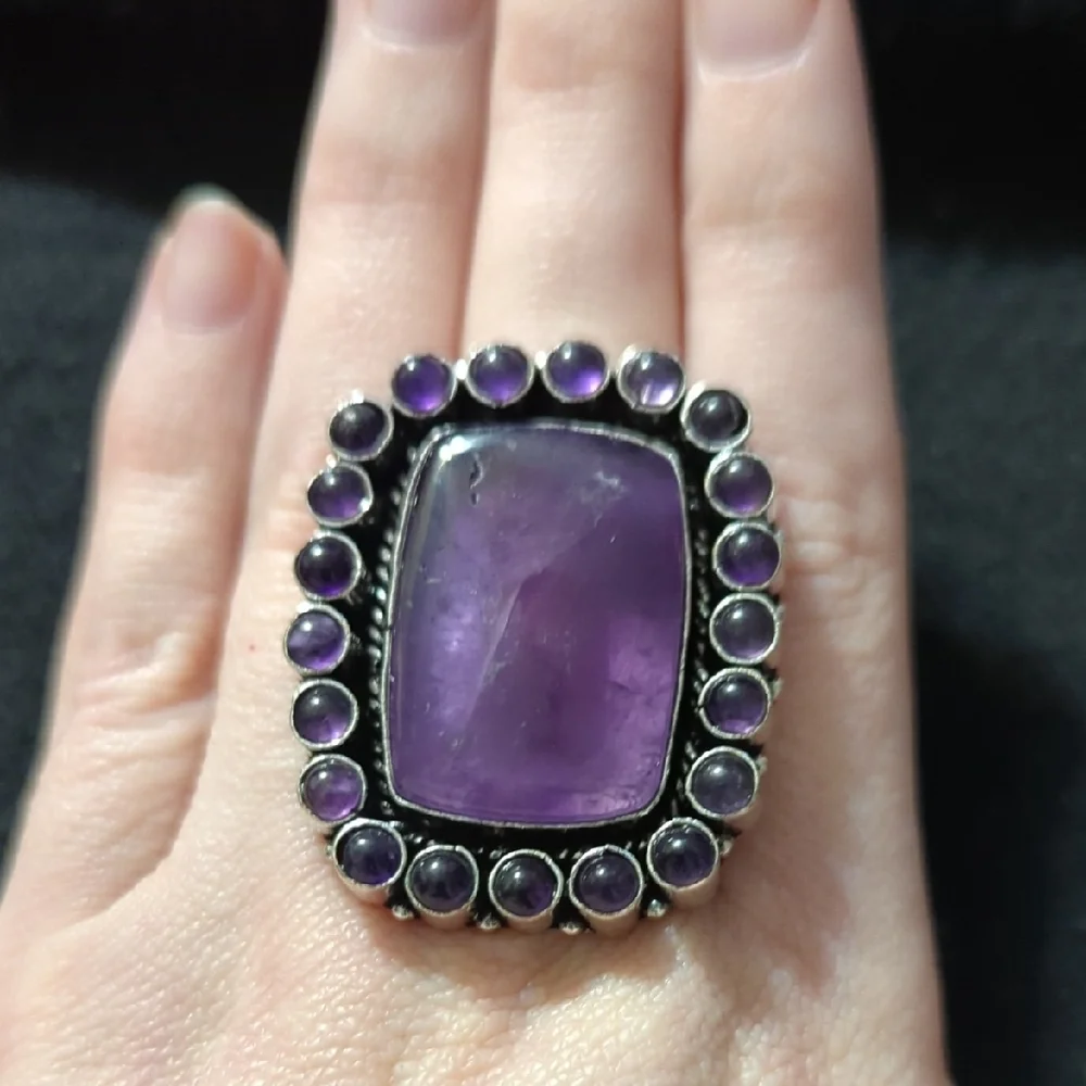 Silver Plated Purple Amethyst Gemstone  Cluster Chunky Statement Ring - Size 8